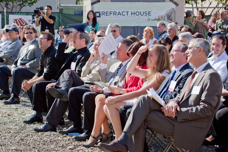 Team California Refract House for 2009 Solar Decathlon: Send Off Celebration with Stephen Beal (California College of the Arts President), Richard King (U.S. DOE Director of the Solar Decathlon), Allison Kopf (Student Project Manager), Patricia Mahan (Santa Clara Mayor), Michael Splinter (Applied Materials CEO), Michael Engh, S.J. (Santa Clara University President), and Kyle Belcher (Student Project Manager). (Photo by Oliver Shay)