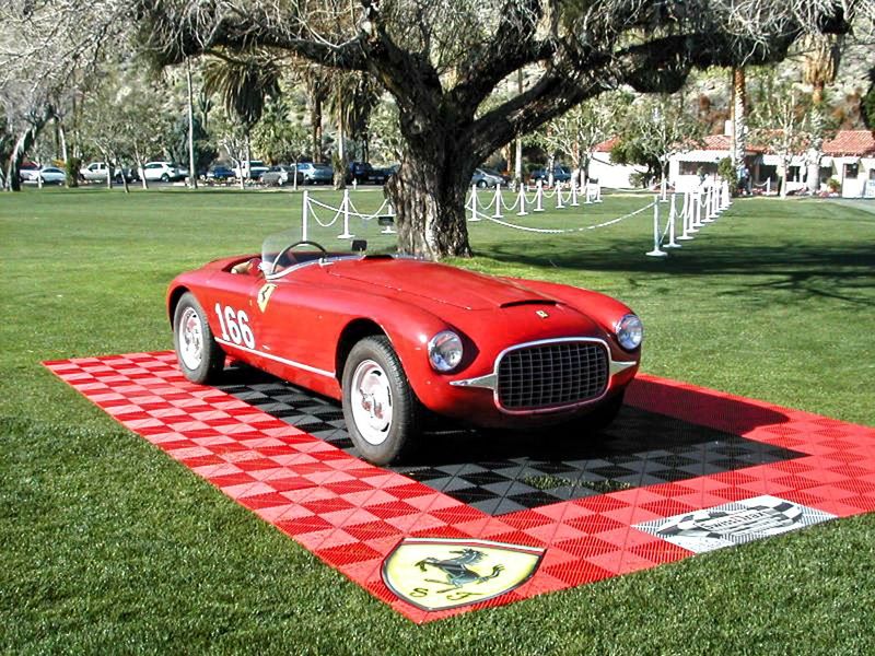 Swisstrax Modular Floor Tiles Installed at a Temporary Site— Displaying an Early Model Ferrari at a Concours D’Elegance in Palm Springs, California. Photo Courtesy of Swisstrax Corporation.