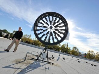 The wind turbine installed on top of SCU’s facilities building is being monitored for its effectiveness and energy production output