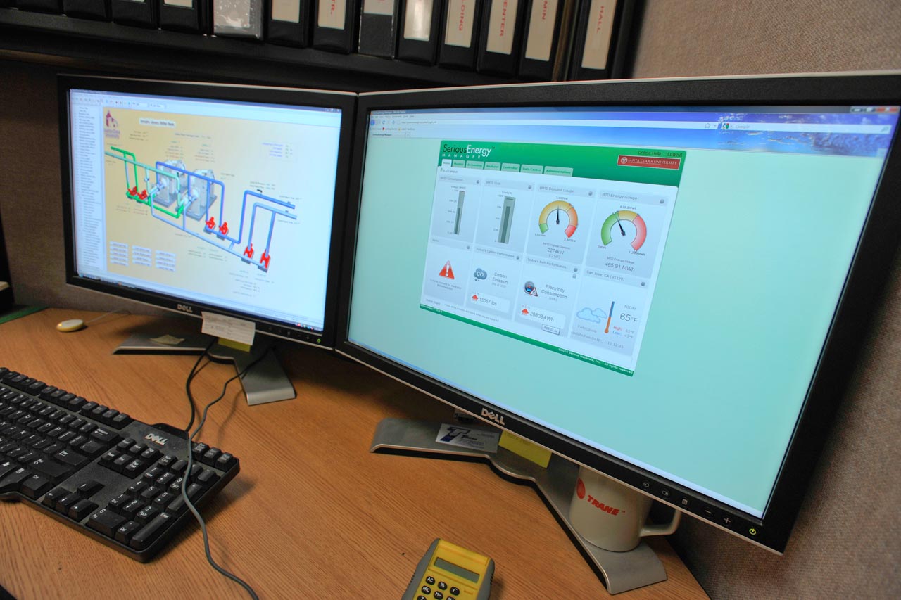 Santa Clara University has started monitoring their power infrastructure via Serious Energy’s intelligent energy management system. Shown here is a snap shot of the desktop dashboard that allows one to view real-time data, control, monitor, and measure energy consumption, production, etc. (Photo courtesy Santa Clara University)