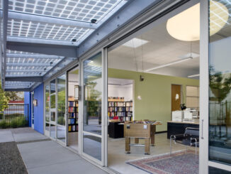 IDeA Z2 Design Facility Office in San Jose, California South Elevation with Sliding Glass Doors and Solar PV Shades