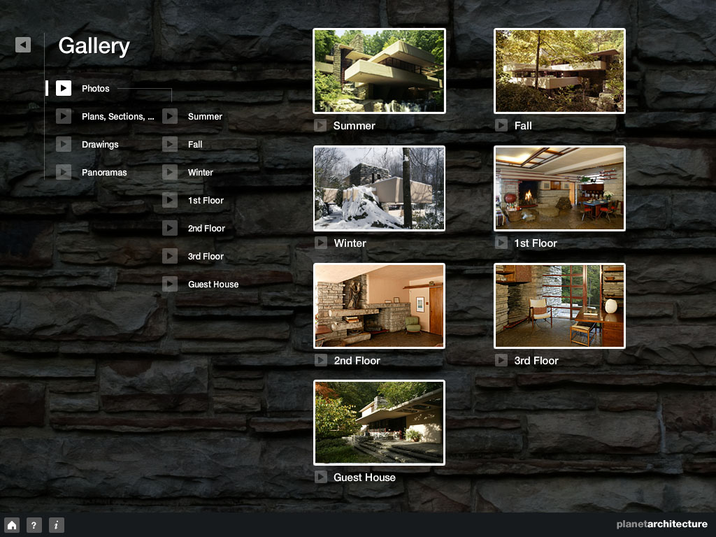 A snapshot of the Fallingwater mobile app’s photo gallery. (Image courtesy in-D Media LLC)