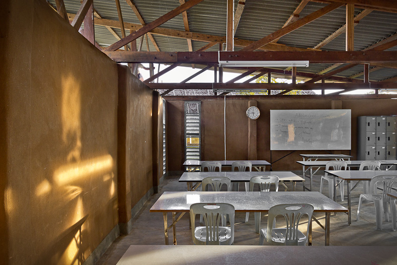 An interior view of one of the two Training Classroom Buildings built from adobe at Mae Tao Clinic’s new Training Center Campus in Mae Sot, Thailand. (Photo courtesy of a.gor.a architects)