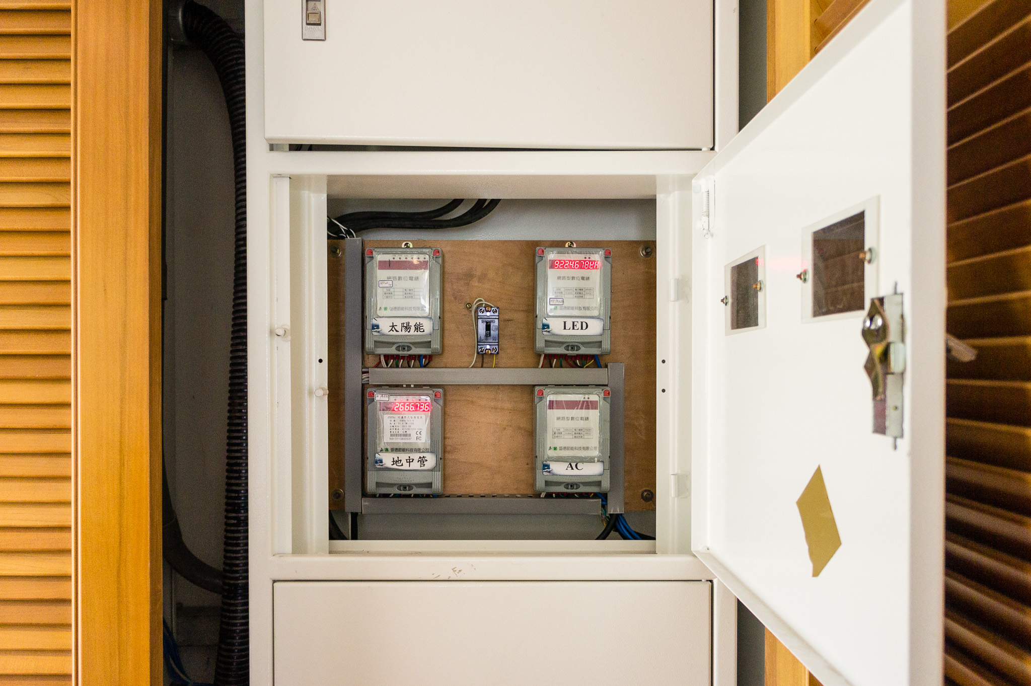 The MEGA House’s meter panel for the earth tube, solar PV system, LED lights, heating, and air conditioning. (Photo by Mignon O’Young)