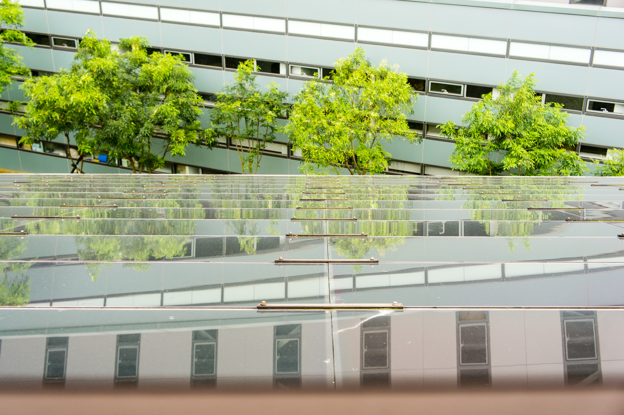 The first of its kind and developed in Taiwan, the 3-in-1 solar PV energy glass panels are used as a roofing material at the MEGA House. The building integrated photovoltaic (BIPV) product generates electricity, is insulating, and self cleans. (Photo by Mignon O’Young)