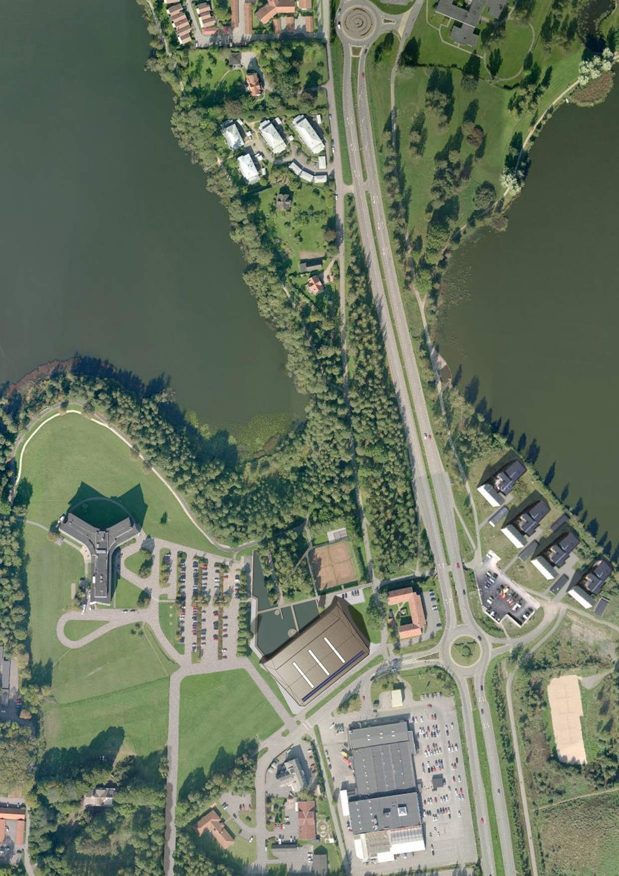 An aerial view of the Växjö Tennis Hall project site. (Image courtesy Alessandro Calvi Rollino Architetto)