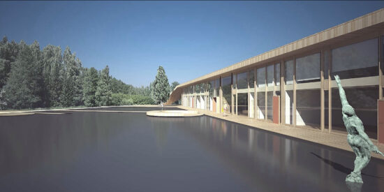View of the pond and surrounding forests at Växjö Tennis Hall. (Image courtesy Alessandro Calvi Rollino Architetto)