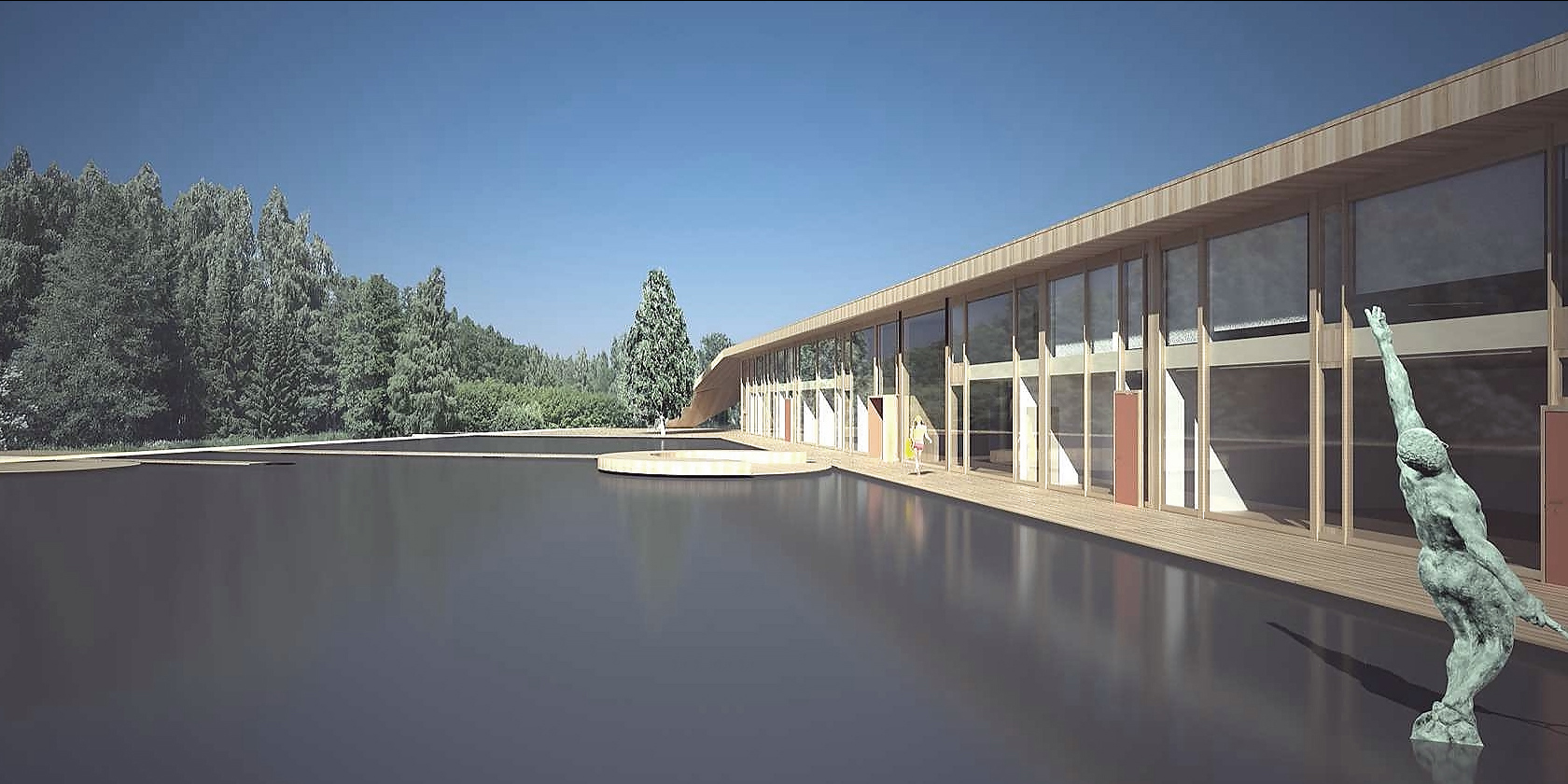 View of the pond and surrounding forests at Växjö Tennis Hall. (Image courtesy Alessandro Calvi Rollino Architetto)