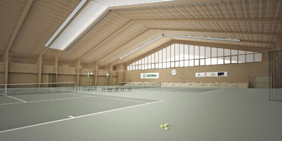 View of tennis courts at Växjö Tennis Hall. (Image courtesy Alessandro Calvi Rollino Architetto)