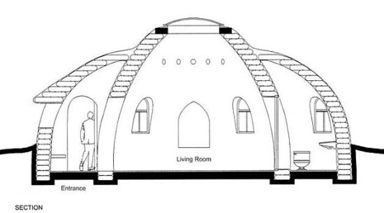A section drawing of an earth bag dwelling. (Image courtesy Mussey Grade Foundation)