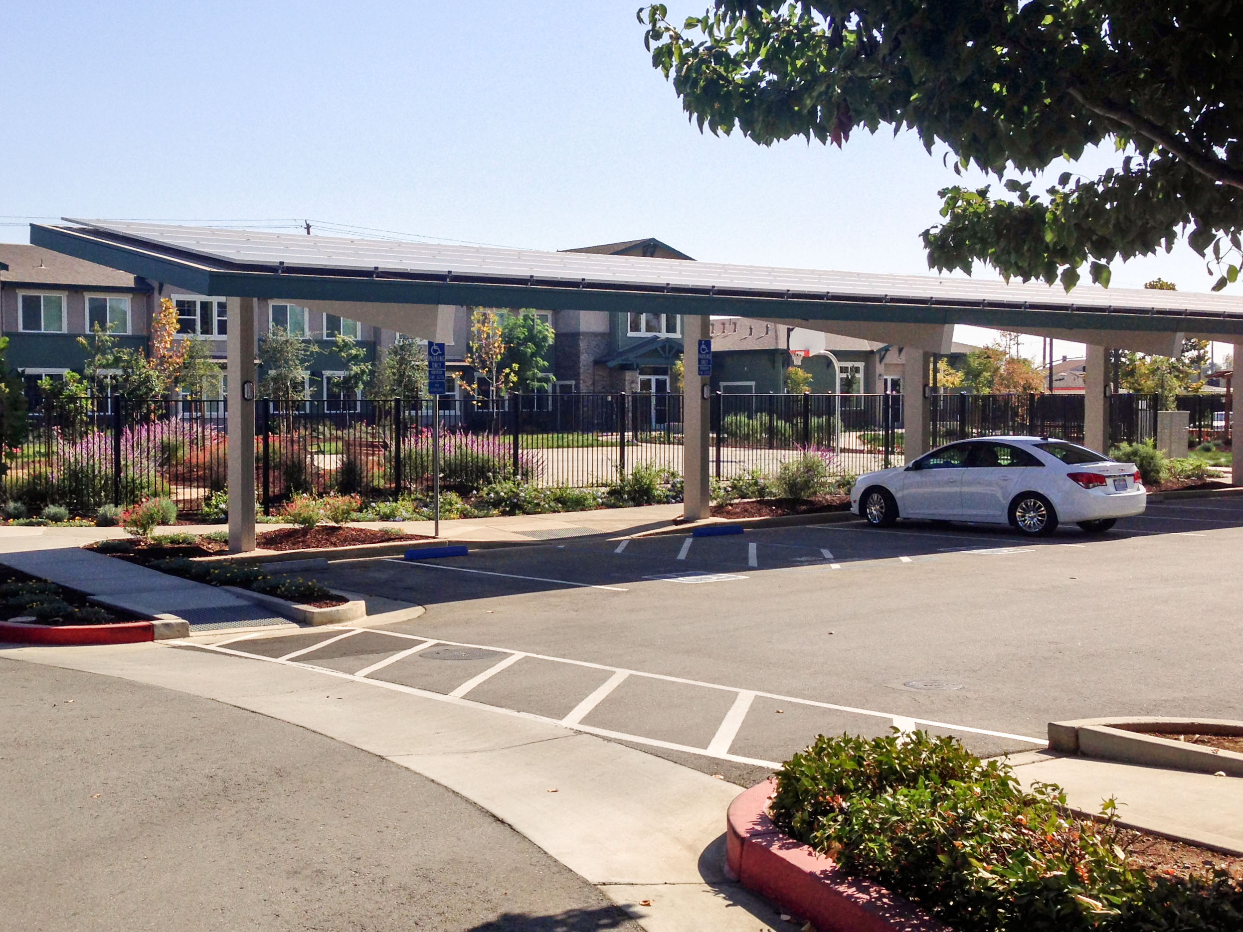 Solar photovoltaic panels installed on top of the carport roofs at Gilroy Sobrato Apartments. (Photo courtesy AES Solar)