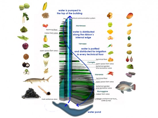 5 Terre Style Vertical Farm’s schematic for how water moves through the building. (Image courtesy of Capellini Architects)
