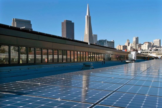 A 1.3-megawatt solar PV system is estimated to provide 100% of the electrical needs at the Exploratorium in San Francisco, California.  The design team for the Exploratorium includes the Integral Group, EHDD, Page & Turnbull, and many other consultants. (Image courtesy The Exploratorium)
