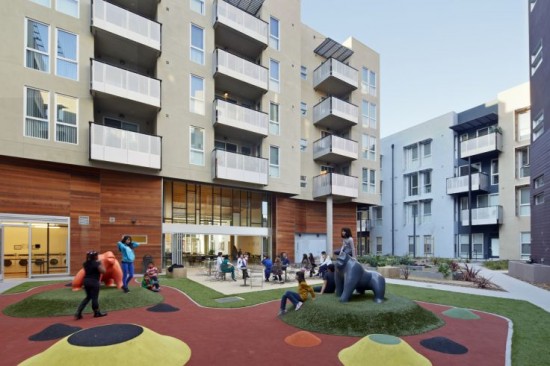 A colorful playground consisting of environmentally friendly products grace the courtyard at Station Center Family Housing. (Photo by Bruce Damonte)