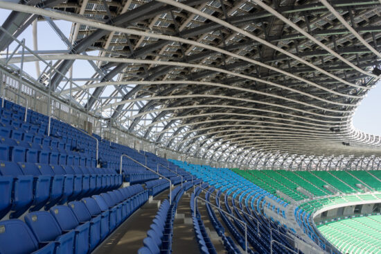 Taiwan National Stadium: air circulation and cross ventilation in the stadium is aided by generously sized openings in the canopy’s lattice framework. (Photo by Mignon O’Young)