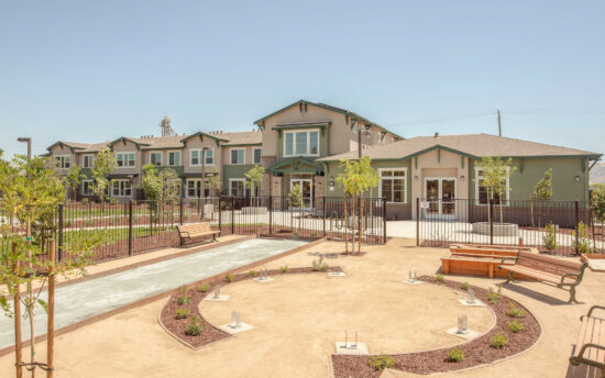 Outdoor facilities at Gilroy Sobrato Apartments include basketball, bocce ball, and horseshoe courts. (Photo by Douglas Sterling)