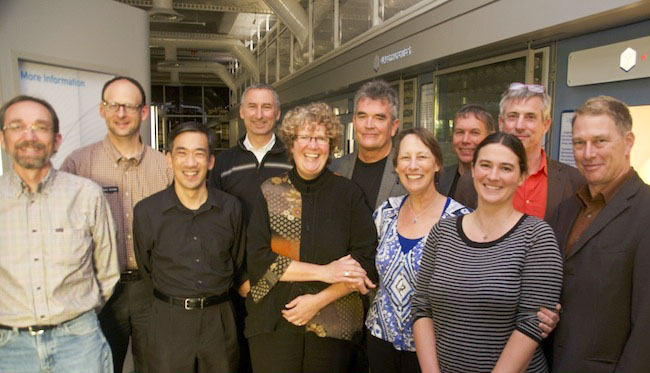 The first SBA Program Sustainable Building Chit-Chat Special Event PechKucha style was held in San Francisco in November 2013. Presenters from left: Andy Wahl (AC Home Performance), Ryan Stroupe (PG&E Pacific Energy Center), Remi Tan (KMD), Peter Rumsey (Integral Group), Kirsten Ritchie (Gensler), Bruce King (Ecological Building Network), Ann Edminster (SBA Program Academic Chair), James Bill (ZIA), Kirstin Weeks (Arup), Chris Dorsi (HabitatX), Michael Kloefkorn (Van Meter Williams Pollack) (Photo courtesy SBA Program)