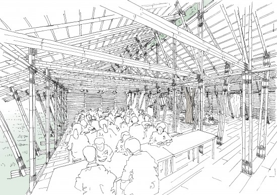 A sketch showing the indoor-outdoor relationship achieved through the design of the canteen space at the No Border School in Mae Sot, Thailand. (Image courtesy Aware Collective)