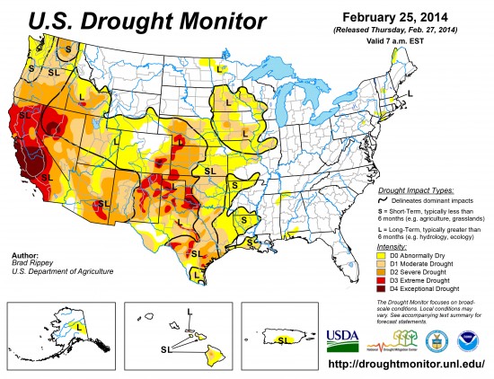 The U.S. Drought Monitor Map on February 28, 2014. (Image courtesy The National Drought Mitigation Center)
