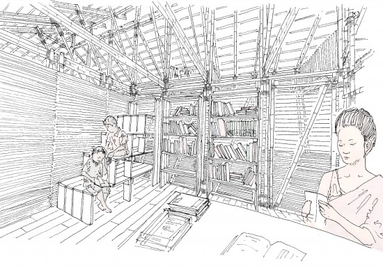 A sketch of the reception area which doubles up as the library at the at the No Border School in Mae Sot, Thailand. (Image courtesy Aware Collective)