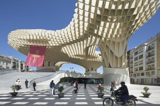 Designed by Arup and Jurgen Mayer H, the Metropol Parasol consists of six large timber parasols providing shade in the Plaza de Encarnacion in Seville, Spain. It is one of the largest timber structures built from a network of timber beams with the aid of digital design and fabrication. (Photo courtesy Hufton+Crow)