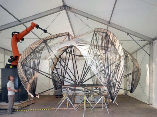 The ICD/ITKE Research Pavilion 2012 was robotically fabricated from carbon and glass fiber composites, a project where architectural and engineering researchers investigated the possible interrelation between biomimetic design strategies and novel processes of robotic production. (Photo courtesy ICD)