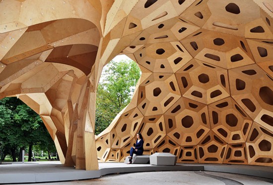 The ICD/ITKE Research Pavilion 2011 was robotically fabricated from extremely thin sheets of plywood (6.5 mm). The temporary structure represented the architectural transfer of biological principles of the sea urchin’s plate skeleton morphology by means of novel computer-based design and simulation methods, along with computer-controlled manufacturing methods for its building implementation. (Photo courtesy ICD)