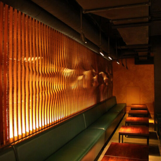 San Francisco-based design firm Matsys created a few sexy walls for restaurant Roka Akor from Amber Plyboo designed with Rhino and Grasshopper. (Photo courtesy Matsys)