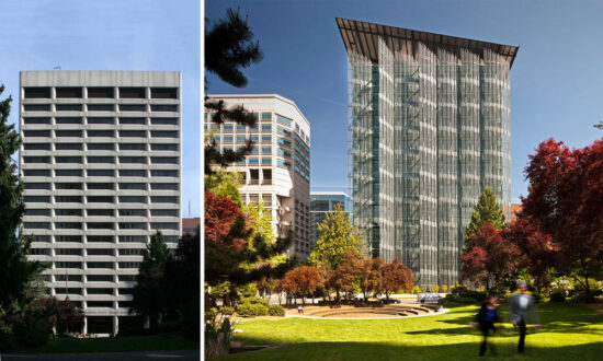 The primary design goal for the Edith Green Wendell Wyatt Federal Building Modernization project was to transform the existing building from an aging, energy hog to one of the premiere, environmentally friendly buildings in Portland, Oregon, as well as the United States. (Left photo courtesy SERA and right photo by Nic Lehoux)