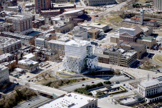 An aerial view of the John & Frances Angelos Law Center from the Northeast showing the building's urban context in Baltimore, Maryland. (Photo by Construction Trades Services, Inc. / Theresa Tomasini)