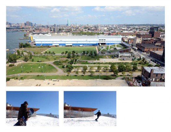 Top: Aerial view of Bushwick Inlet Park and Community Center. (Photo by Malcolm Pinckney) Bottom: Active Design usage, snowboarding on the roof. (Photo by Jeremy Moseley)