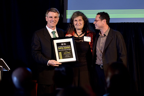 Dr. Arlene Blum received the Special Achievement Award from David Gottfried at the USGBC Northern California Chapter's Super Heroes Awards Gala in 2013. (Photo courtesy USGBC NCC)