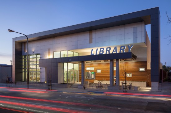 The West Berkeley Public Library at dusk. (Photo by Mark Luthringer)