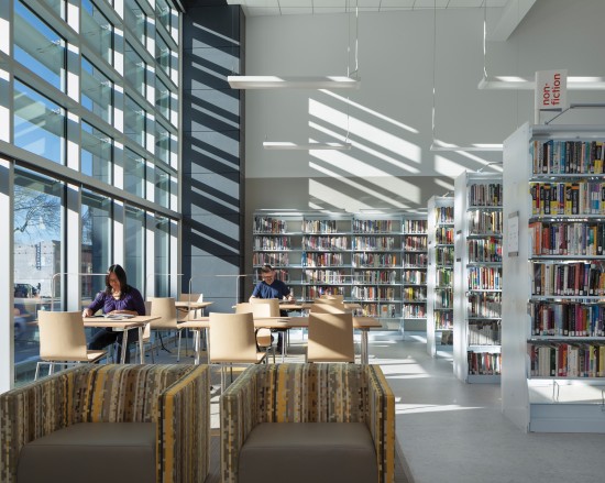 Interior view of the NZE West Berkeley Public Library designed by Harley Ellis Devereaux. (Photo by Mark Luthringer)