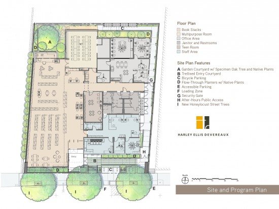 Site and Floor Plan of the West Berkeley Public Library. (Image courtesy Harley Ellis Devereaux)
