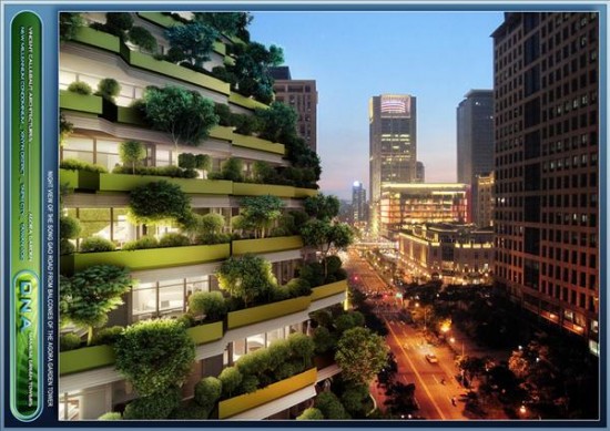 A night view of Agora Garden in its urban context of Taipei City. (Image courtesy Vincent Callebaut Architectures)