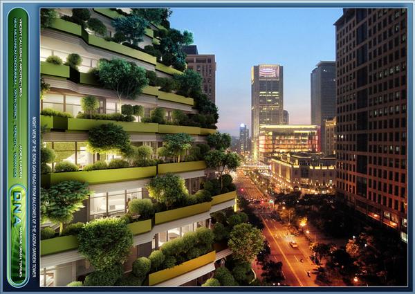 A night view of Agora Garden in its urban context of Taipei City. (Image courtesy Vincent Callebaut Architectures)