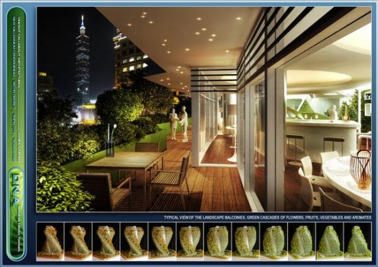 A night view of Taipei 101 from a unit balcony in Agora Garden. (Image courtesy Vincent Callebaut Architectures)