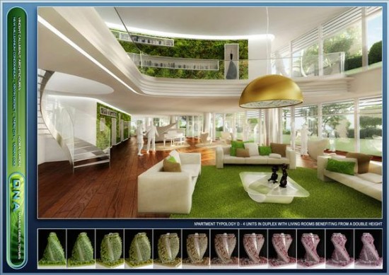 Interior view of a unit in the Agora Garden. (Image courtesy Vincent Callebaut Architectures)