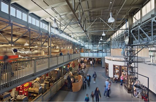 The historic clerestory windows provide plenty of natural daylighting and helps reduce the electrical load required for lighting at the Exploratorium. (Photo by Bruce Damonte)