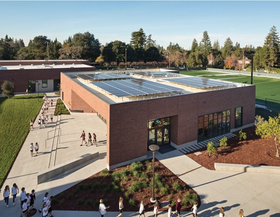 The Stevens Library at Sacred Heart Schools located in Atherton, California is designed by San Francisco- and Honolulu-based WRNS Studio and features a solar photovoltaic system that will help achieve net zero energy usage. (Photo by Bruce Damonte)
