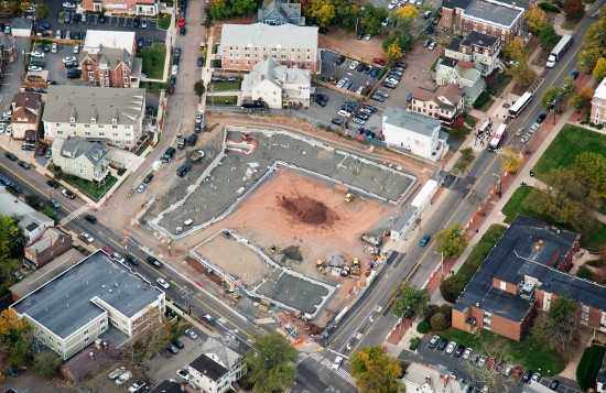 Aerial view of Lot 8, the University Apartments  at the College Avenue Campus at Rutgers University. (Photo courtesy DEVCO)
