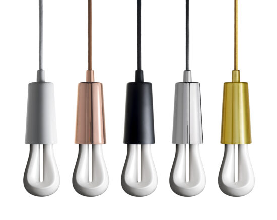 Drop cap pendants for the Plumen 002 LED bulbs come in five colors. (Photo courtesy Plumen)