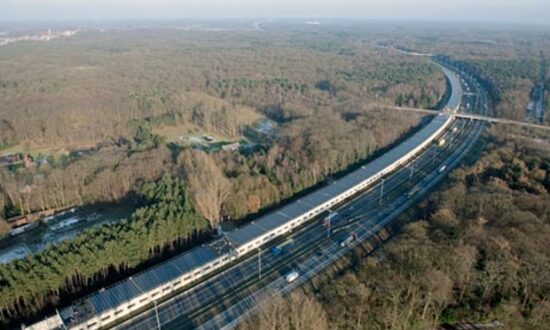 Belgium’s Solar Tunnel over a 2.1-mile stretch of the Paris-Amsterdam rail line is expected to generate annually 3,300 MWh of clean energy. (Photo courtesy Enfinity)