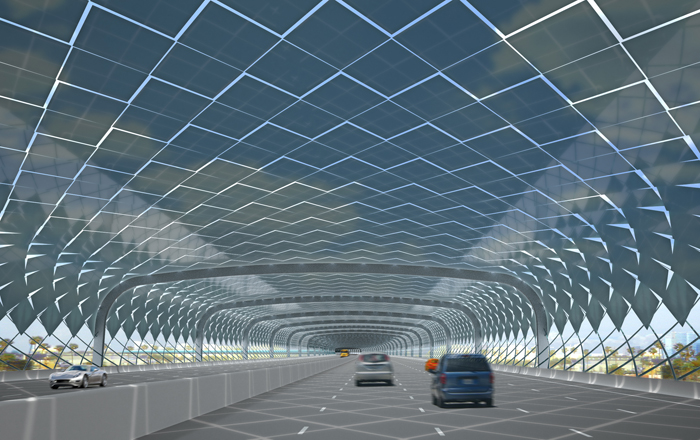 Proposed perspective of the Solar Serpent in Paradise built over the Santa Monica Freeway in Southern California. (Image courtesy Mans Tham)