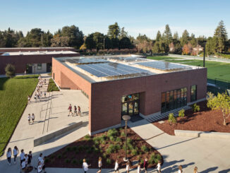 An aerial view of Sacred Heart Lower and Middle School’s Stevens Library located in Atherton, California