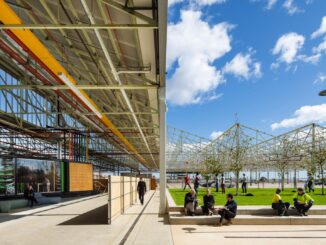 Various seating arrangements and public spaces provide multiple engagement and alone-time  opportunities throughout the Tonsley Main Assembly Building and Pods adaptive reuse, mixed-use project