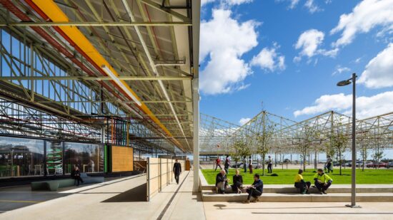 Various seating arrangements and public spaces provide multiple engagement and alone-time opportunities throughout the Tonsley Main Assembly Building and Pods adaptive reuse, mixed-use project. (Photo courtesy Woods Bagot)