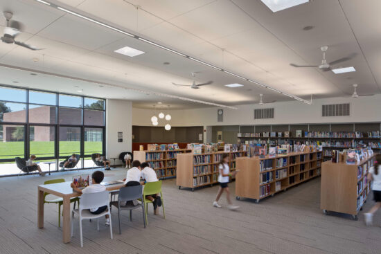All interior finishes in the Stevens Library are low-VOC. (Photo by Bruce Damonte)