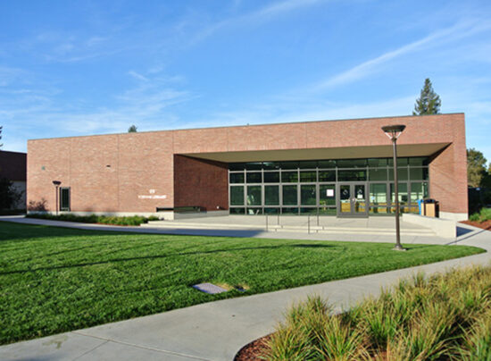 The entry elevation of Stevens Library at Sacred Heart Lower and Middle School located in Atherton, California. (Photo by Bruce Damonte)